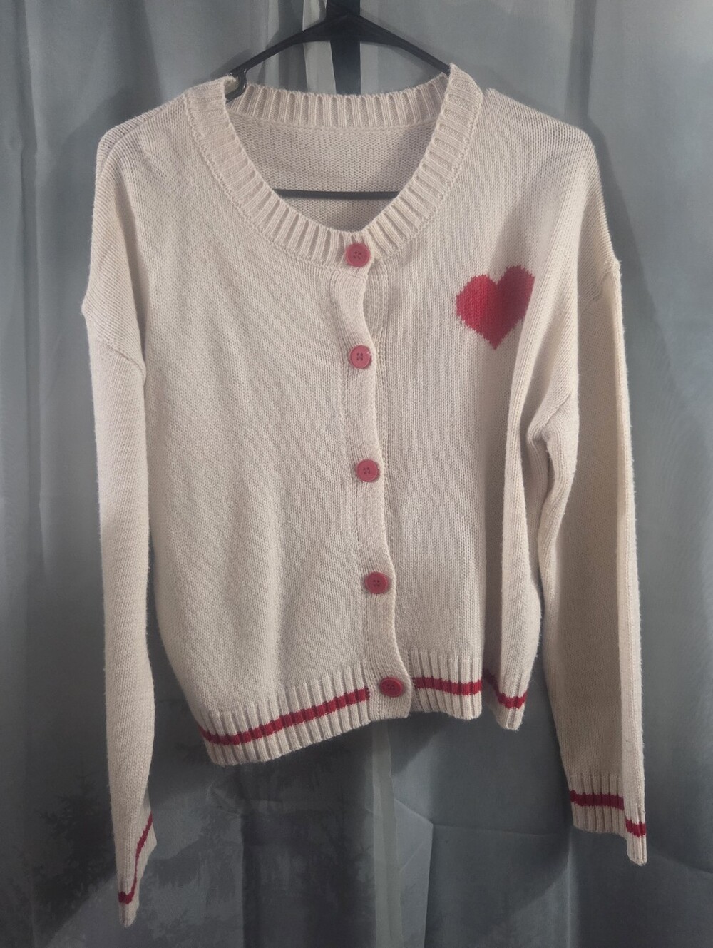 SHEIN Cream Cardigan Sweater with Pink Heart & Red Trim